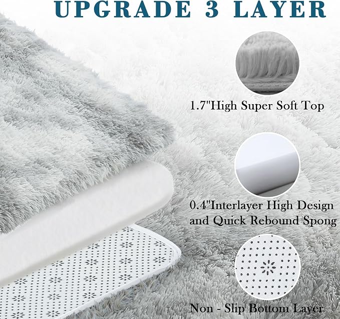 Fluffy Rug Shag Area Rug,Light Grey Tie-Dyed 3x5 Area Rugs for Bedroom | Non-Slip Small Soft Bedside Rug for Entryway,Living Room and Home Office