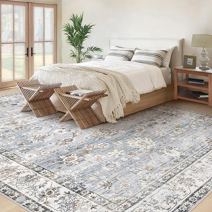 XLUEZ Area Rug 10x14 Living Room Rugs, Machine Washable Vintage Distressed Boho Area Rug Non-Slip Soft Low Pile Large Indoor Rugs for Bedroom Kitchen Dining Room Office(Light Blue,10'x14')