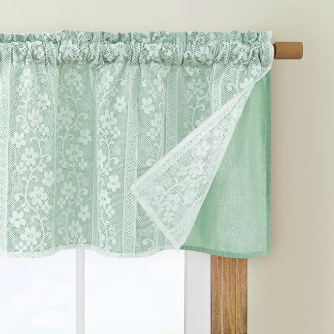 ASPMIZ Linen Farmhouse Kitchen Curtains, Double Layer Valances for Windows with Linen and Lace, Rustic Curtains for Bathroom Window, Cafe Curtain 18 Inch Length Rod Pocket, 52 x 18, Mint Green