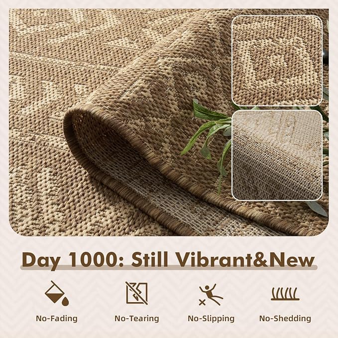 MontVoo-Outdoor Rug-Patio Rug 6x9 Polypropylene Indoor Outdoor Rugs Outdoor Carpet for Patio Deck Balcony Porch, Textured Weave, Durable for High Traffic, Fade-Resistant, Boho Farmhouse Neutral Brown