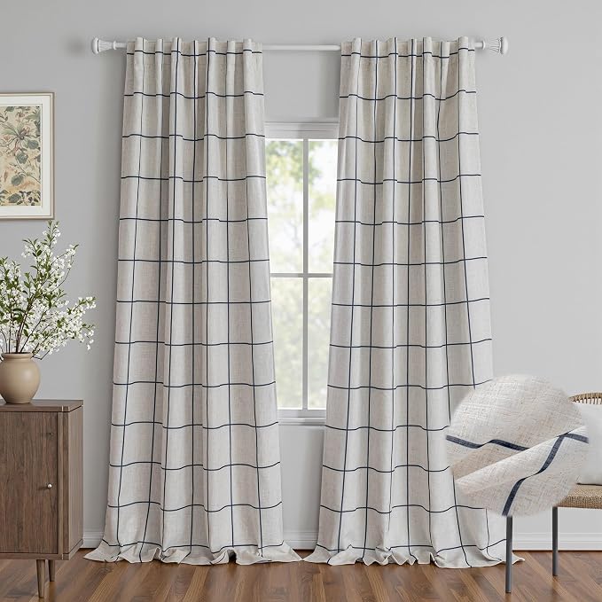 MYSKY HOME 100% Blackout Plaid Linen Curtains 108 Inches Long Double Layer Farmhouse Thermal Insulated Checkered Patterned Drapes Rod Pocket Back Tab for Living Room, 2 Pcs, 52" Wide, Navy Blue