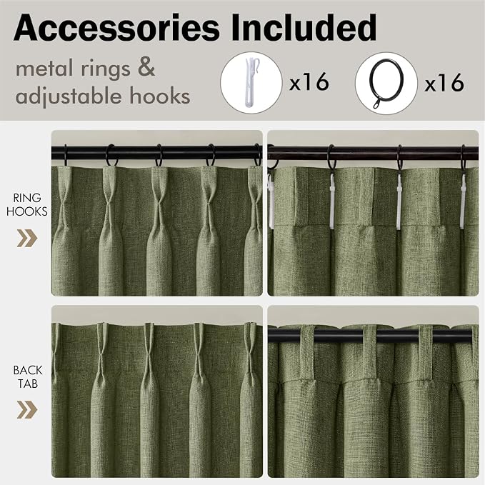 MIULEE Olive Green Pinch Pleated Thick Linen Curtains 84 Inches Long 2 Panels for Living Room Bedroom, Linen Texture Memory Trained Drapes Pleat Back Tab Semi Sheer Moss Green Track System Curtains