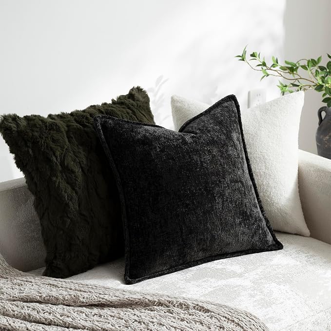 DEZENE Pack of 2 Black Decorative Throw Pillow Covers 24x24 Cozy Soft Chenille Accent Vintage Square Couch Pillow Covers for Home Decor Bed Sofa Living Room