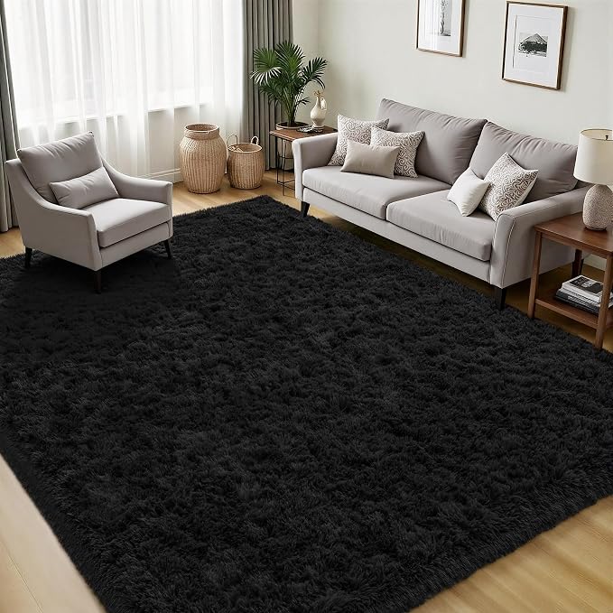 Area Rug for Living Room Bedroom: 5x7 Black Soft Fluffy Shag Upgrade Non-Slip High Pile Carpet Large Fuzzy Plush Indoor Floor Decor Shaggy Rug for Kid Boys Girls Dorms Playroom Nursery Modern Home