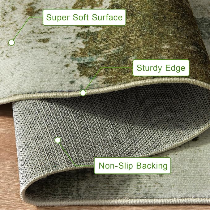 Entryway Rug 2x3 Green Rug, Washable Abstract Small Rugs Non-Slip Low Pile Throw Rugs for Kitchen Floor, Front Door, Bedroom Bedside