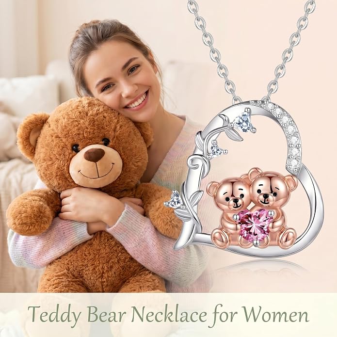 PELOVNY Teddy Bear Necklace for Women 925 Sterling Silver Bear/Highland Cow/Fox/Cat/Axolotl Birthstone Necklace Christmas Birthday Jewelry Gifts for Mom Daughter Wife Sister