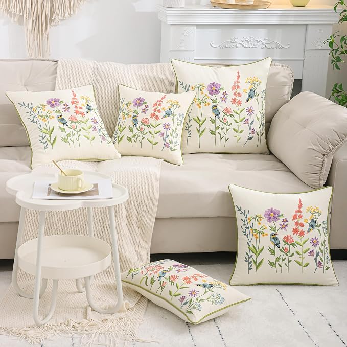 Embroidered Throw Pillow Covers 20 x 20 inch Pack of 2 Vintage Birds with Flowers Farmhouse Pillow Cushion Cases Summer Decorative Pillowcases Home Decor Square Floral Pillow Case