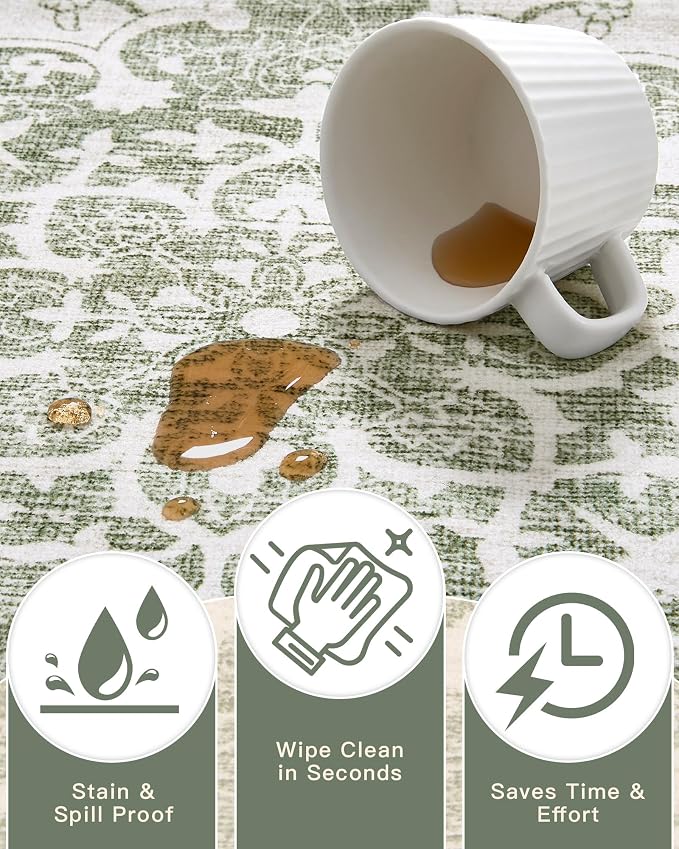 Madane 6x9 Area Rugs for Living Room, Machine Washable Vintage Green Rug with Non-Slip Backing, Soft Throw Rug, Thin Carpet for Bedroom Dining Room Farmhouse Under Table, Green/Ivory