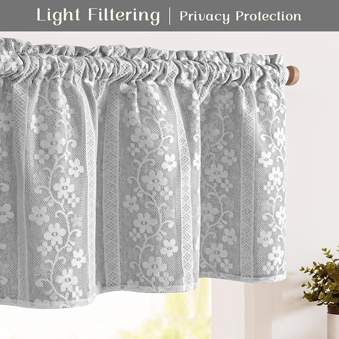 ASPMIZ Linen Farmhouse Kitchen Curtains, Double Layered Valances for Windows with Linen and Lace, Rustic Curtains for Bathroom Window, Kitchen, Cafe Curtain 18 Inch Length Rod Pocket, 52 x 18, Grey