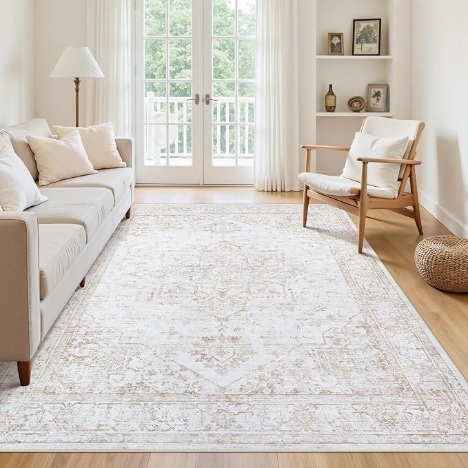 5x8 Area Rugs for Bedroom:Beige Washable Vintage Medallion Rug Non-Slip Soft Low Pile Large Rugs Indoor Retro Carpet for Living Room Kitchen Nursery Dining Table Office (Beige, 5'x8')