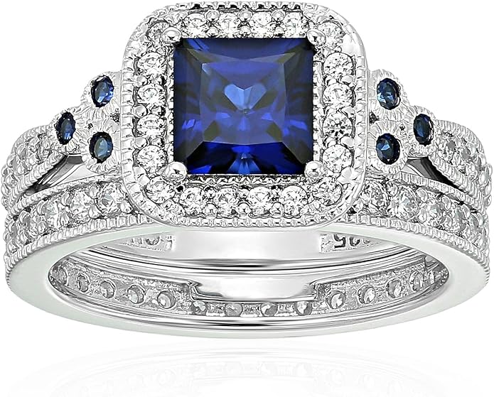 Amazon Essentials Platinum or Gold Plated Sterling Silver Antique Ring set with Asscher-Cut Infinite Elements Cubic Zirconia