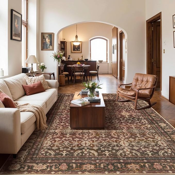 Rugxara Red 8x10 Area Rugs for Living Room Bedroom Large Washable Rug | Non Slip, Rug for Dining Room Office Kids Room, Stain Resistant, Soft, Low Pile, Vintage Boho Oriental Carpet,Home Decor