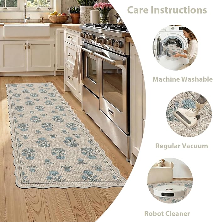 ORTIGIA Scalloped Easy Jute 2x6 Kitchen Runner Rug Vintage Blue Floral Farmhouse Washable Rug Non-Slip Outdoor Carpet for Entryway Indoor Hallway Patio Laundry Room