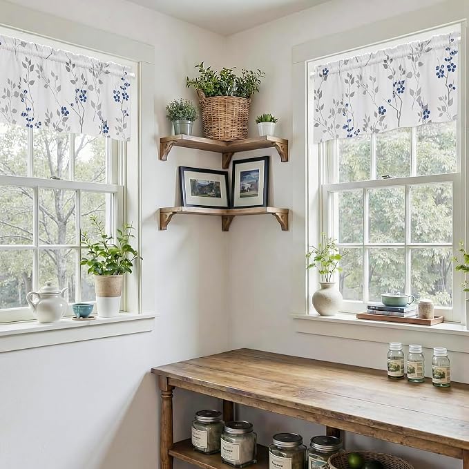 Beauoop Floral Valance Curtains for Kitchen Blue Grey 52X18 Inch 1 Panel | Flower Patterned Blue White Blackout Short Curtains for Living Room Bedroom Cafe Thermal Small Window Curtains Rod Pocket