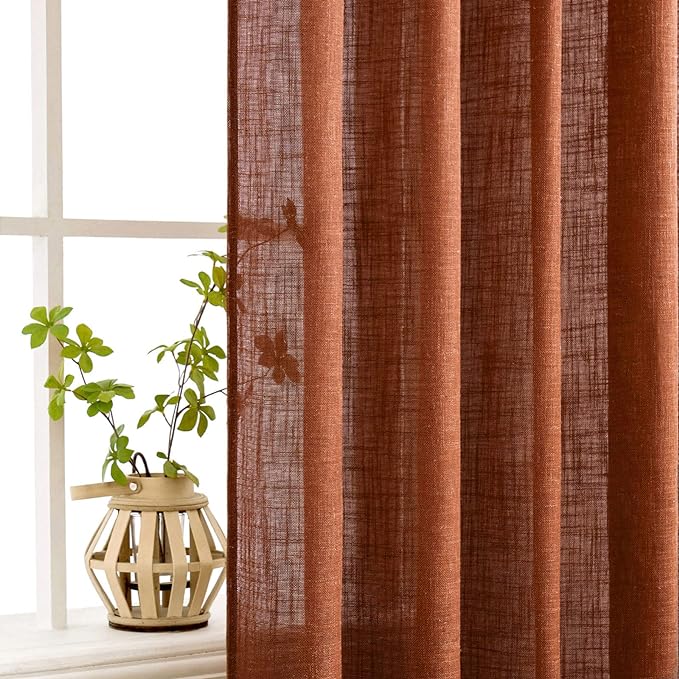 MIULEE Burnt Orange Linen Curtains 120 Inches Long for Living Room, Soft Thick Linen Textured Window Drapes Terracotta Rust Fall Decor Semi Sheer Light Filtering Rod Pocket Back Tab, 2 Panels 10 Ft
