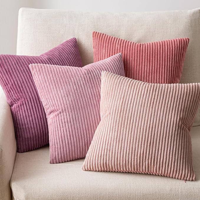 EMEMA Aesthetic Pink Decorative Throw Pillow Covers for Couch Bed Livingroom 18x18 Inch Set of 4 Cute Coquette Corduroy Boho Square Pillow Case,Western Modern Cushion Covers Home Spring Decor
