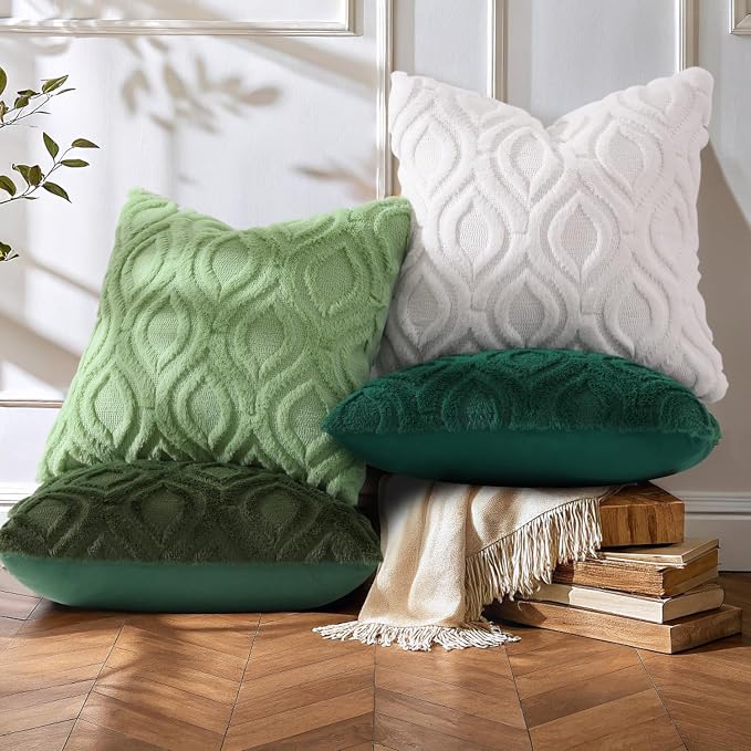 decorUhome Cream White Green Faux Fur Throw Pillow Covers 18x18 Set of 4 | Fall Soft Neutral Decorative Plush Couch Pillow Covers, Accent Modern Farmhouse Neutral Pillow Cases for Sofa Bed Living Room