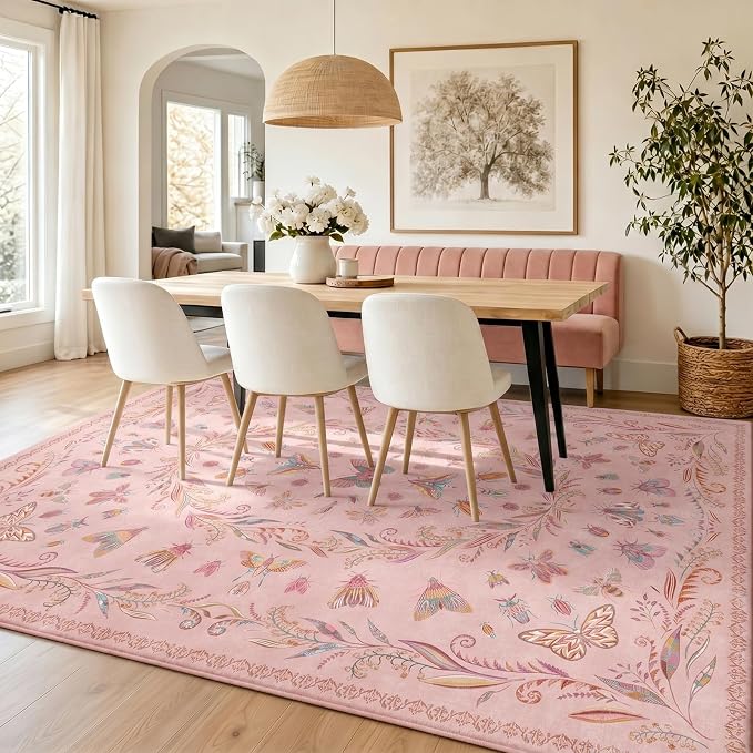 Lunasun Cute Rugs for Bedroom Girls - Pink Living Room Rugs 8X10, Dining Room Table, Washable Pastel Flower Insect Print Whimsical Décor