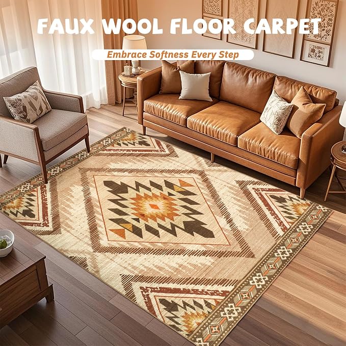 Boho Washable Area Rugs 5x7 Non Slip, Soft Living Room Bedroom Rugs, Non Shedding Moroccan Nursery Floor Carpets for Dining Room Bathroom Office Farmhouse, Light Brown