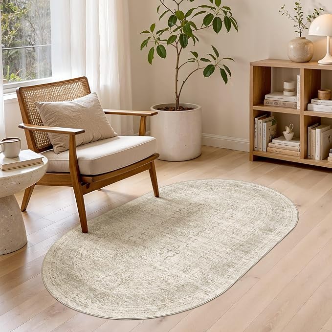 Nakagishi Oval Rugs for Entryway: Washable Non-Slip Neutral 3x5 Area Rug for Kitchen, Pet Friendly, Soft Stain Resistant Low Pile Oval Carpet for Bedroom