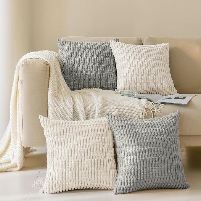 Softalker Cream Beige Throw Pillow Covers 20x20 Inch, Set of 2, Solid Color Corduroy Soft Plush Decorative Square Cushion Covers for Couch Sofa, Modern Farmhouse Boho Home Decor