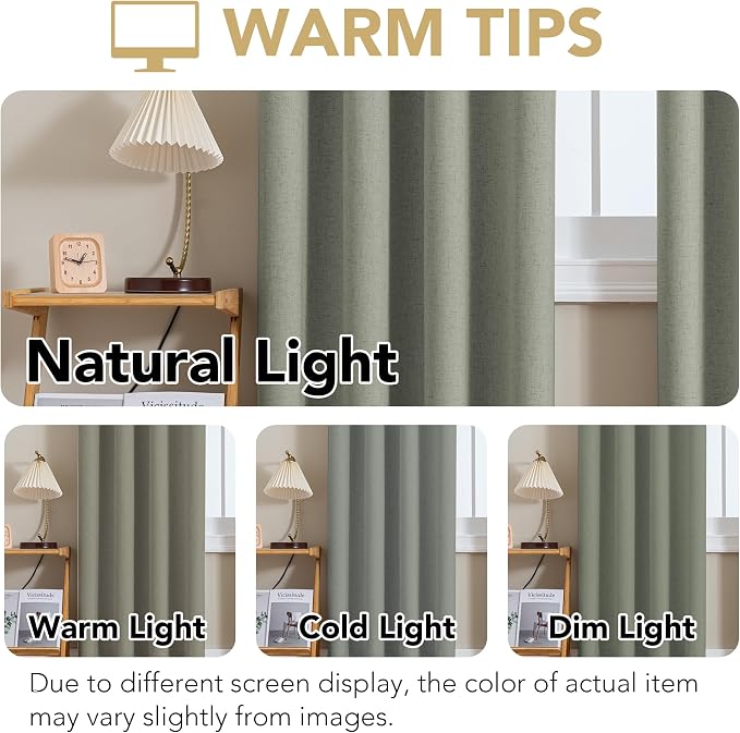 H.VERSAILTEX Linen Curtains 100% Blackout Curtains for Bedroom 54 inch Long Full Light Blocking Nature Linen Blended Window Curtains for Living Room Nickel Grommet (2 Panels, Heathered Dried Sage)
