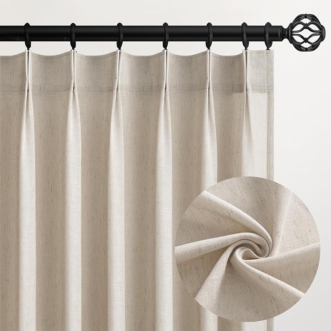 Pinch Pleated 92 Inch Curtains - 2 Panels for Living Room - Oatmeal Linen Curtains - 92 Inches Long - Pinch Pleat Drapes for Track System - Light Filtering Semi Sheer