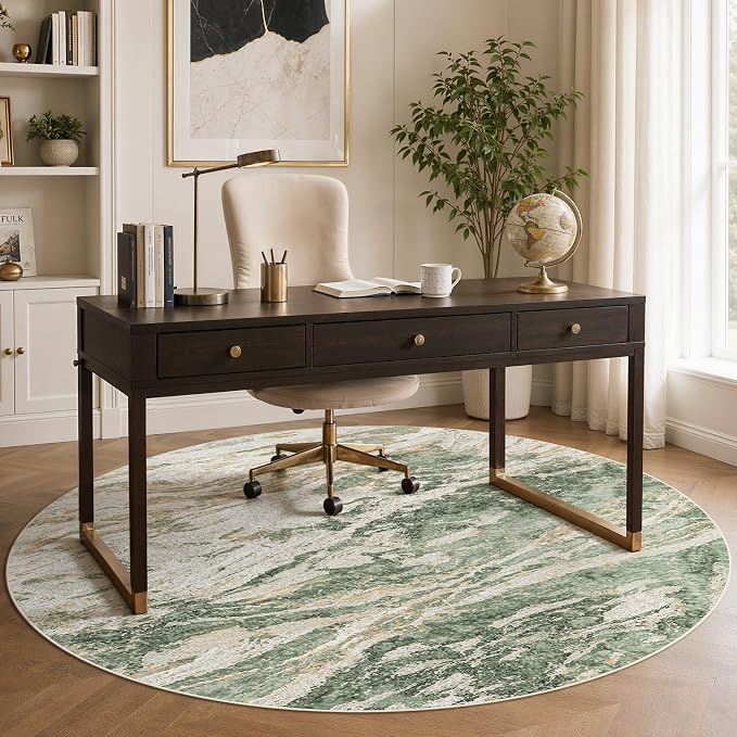 Area Rugs for Living Room: 10ft Round Abstract Washable Rug Modern Neutral Large Soft Stain Resistant Non-Slip for Bedroom Dining Room Indoor Home Office Carpet - Green Brown
