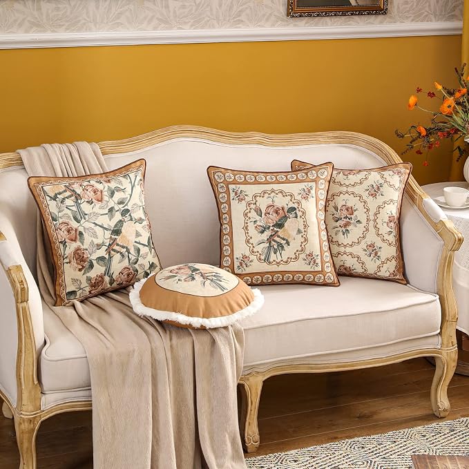 patdrea French Vintage Linen Throw Pillow Cover,Set of 4-ParkerEstate | Decorative Pillow Case with Zipper,Bird and Floral Pattern,Cushion Coverfor Couch Living Room Bedroom Sofa