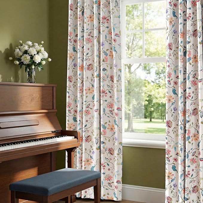 jinchan Beige Floral Blackout Curtains 96 Inch Back Tab 2 Panels Set | Room darkening, cream elegant vintage farmhouse drapes, botanical floral print, bedroom, living room, window treatment