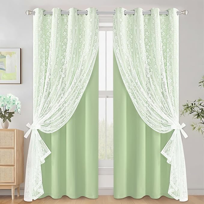 ASPMIZ Sage Green Blackout Curtains for Bedroom 84 inch Long, Double Layer Curtains for Living Room Light Blocking Grommet Drapes with Lace Overlay, Thermal Insulated Window Curtain Set of 2, 52x84