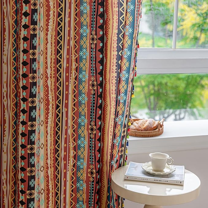 Boho Curtains Geometric Light Filtering Semi-Blackout Window Curtains 96 Inches Long Rod Pocket Drapes for Living Room 2 Panels-Vintage Red