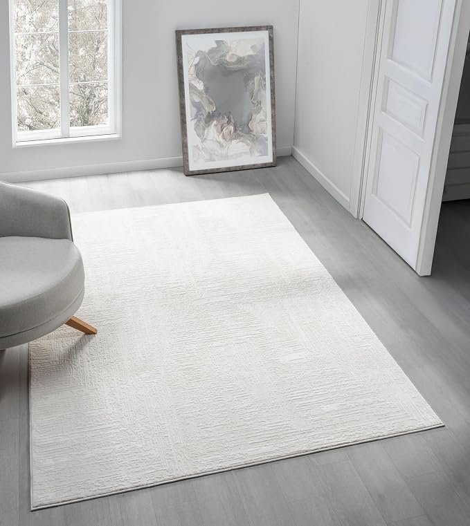 Amy Modern Abstract Area Rug for Living Room, 4x6 Contemporary Textured Geometric Cream Neutral Rug, Stain Resistant Non-Shedding Carpet for Bedroom, Dining Room or Kitchen (4' x 6', Cream)