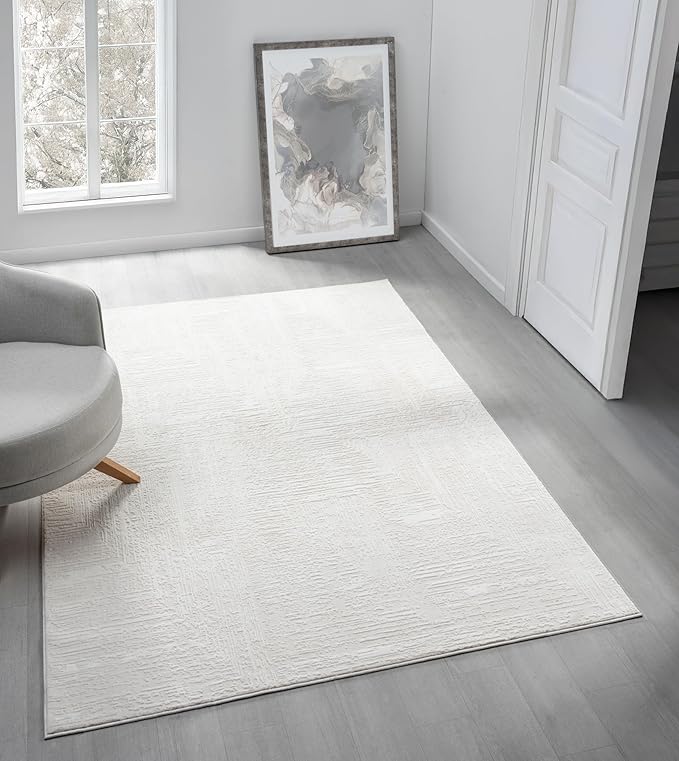 Amy Modern Abstract Area Rug for Living Room, 8x10 Contemporary Textured Geometric Large Cream Neutral Rug, High-Low Pile Stain Resistant Carpet for Bedroom or Dining Room (8' x 10', Cream)