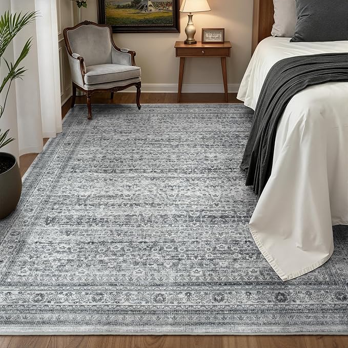 5x7 Washable Area Rugs for Living Room Bedroom, Boho Non-Slip Rug | Vintage Distressed Retro; Low Pile; Stain Resistant; Neutral Soft Carpet for Dining Room, Nursery, Home Office; Foggy Grey