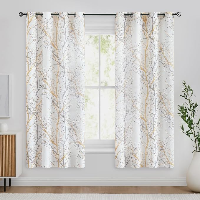 FMFUNCTEX Linen Semi Sheer Curtains for Bedroom, Yellow White Curtains 63 Inches Long for Living Room, Grey Tree Branch Print Curtain Light Filtering Farmhouse Window Drapes, Grommet Top 2 Panels | Tree Branch Sheer Patterned Drapes, Light Filtering Gr...