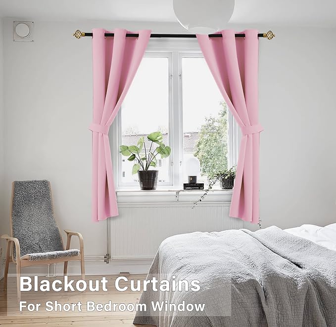 KOUFALL Pink Short Blackout Curtains for Girls Room Kids Bedroom Window, 45 Inch Length, Bubble Gum Pink Black Out Nursery Curtains Girl, Cute Privacy Bathroom Window Curtains