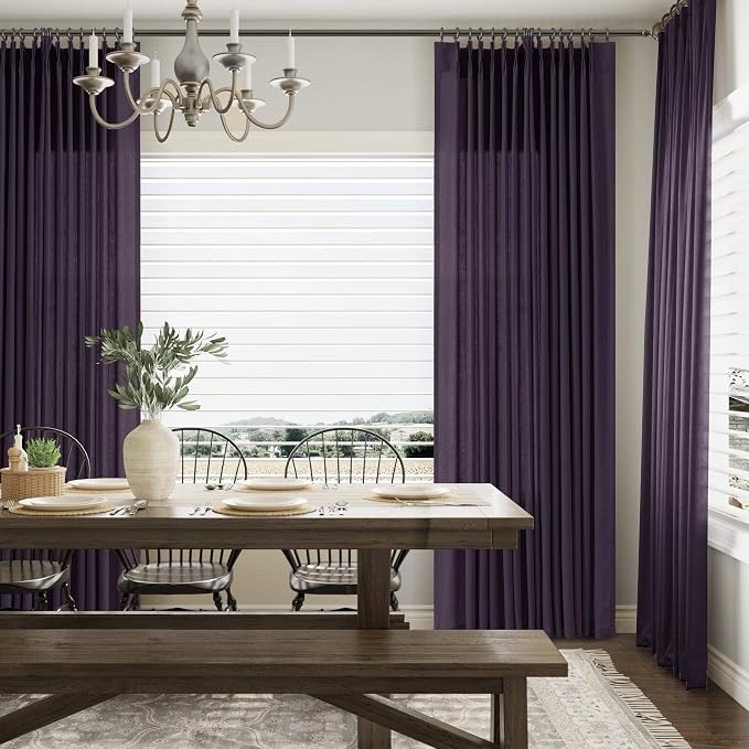 Aersas Plum Pinch Pleated Linen Curtains 90 Inch Length 2 Panels for Living Room Bedroom Semi Sheer Window Curtain Boho Neutral Back Tab Pinch Pleat Drape with Hooks 40x90