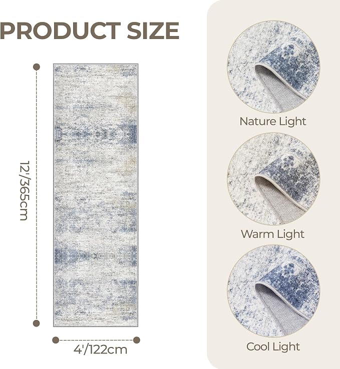 4x12 Runner Rug Non Slip,Washable Hallway Runner Rug,Blue | Area Rugs for Kitchen,Entryway,Bedroom,Bathroom,Nursery Room,Thin,Soft Runner Rug,Stain Resistant Indoor Carpet