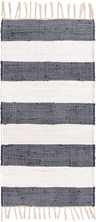 Unique Loom Chindi Rag Collection Area Rug - Striped (2' x 4' 1" Runner, Navy Blue/ Ivory)