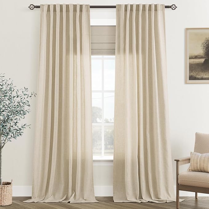 Greyish Beige Linen Curtain 102 inch Length 2 Panels Set Back Tab Light Filtering Living Room Curtain Drapes Home Office Modern Minimalist Decor Farmhouse Boho Neutral Semi Sheer Curtain 102 inch Long