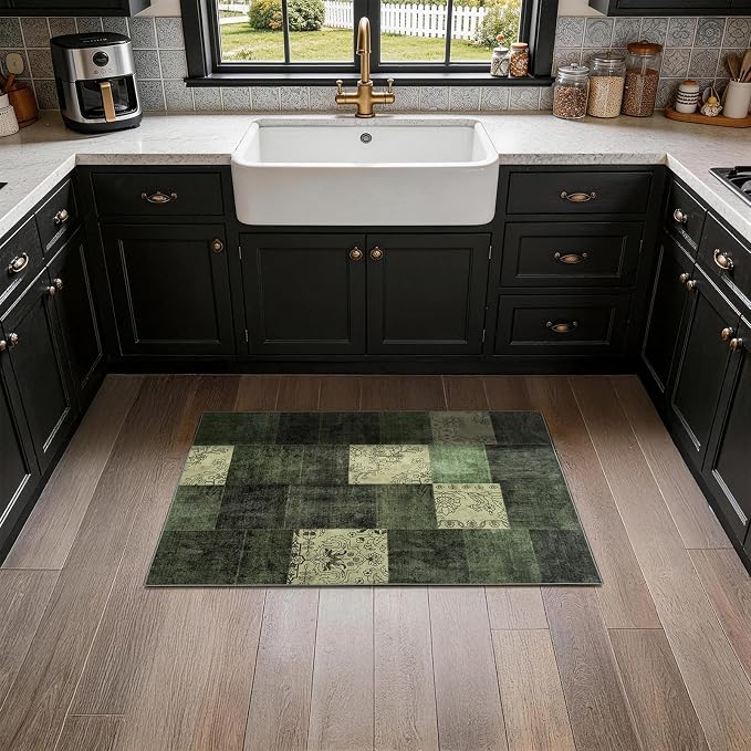 LIANLAM 2x3 Washable Entryway Rug,Non-Slip Indoor Door Mat with Vintage Boho Checkered Pattern, Stain & Water Resistant Faux Wool Low Pile for Front Door,Hall,Kitchen,Bathroom - Easy Clean(2x3,Green)