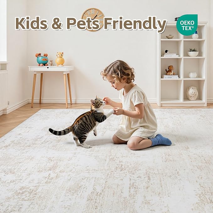 9x12 Area Rugs Living Room Rug Modern Abstract Neutral Washable Rugs Non Slip Soft Carpet Large Area Rug Low Pile Stain Resistant Non Shedding for Bedroom Nursery Dining Room Home Office Beige White