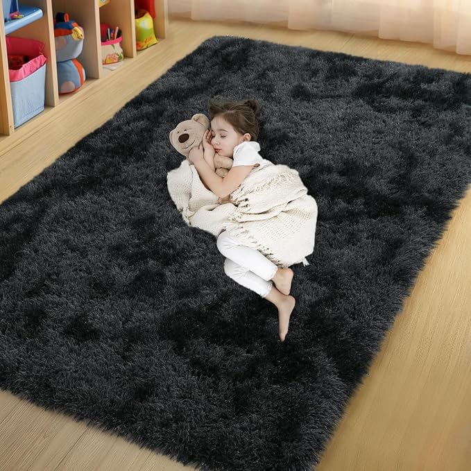 qulint 4x6 Area Rug for Bedroom, Fluffy Rugs for Living Room, Black/Grey | Small Fuzzy Tie-dyed Black Gray Carpet, Plush Shaggy Alfombras for Boy room Dorm Classroom Nursery Home Decor
