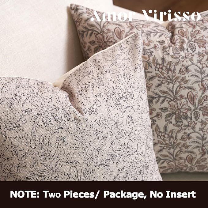 Amor Virisso Floral Throw Pillow Covers 24x24 Set of 2 Vintage Block Print Pillow Covers Decorative Pillow Covers Couch Pillows for Living Room Farmhouse Accent Sofa Pillows, Black/Sand