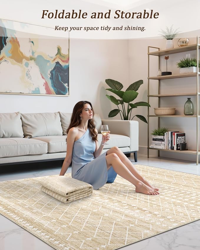 Miukiki 8x10 Area Rug for Living Room Moroccan Washable Rugs Non Slip Indoor Floor Carpet Foldable Large Soft Area Rug for Dining Room Bedroom with Low Pile(Beige,8'x10')