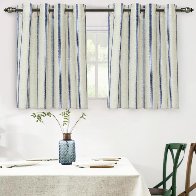 DriftAway Farmhouse Stripe Blackout Curtains, W52xL36, Navy Blue | Blackout, Linen Texture, Stripe Pattern, Rod Pocket & Back Tab, Two Layers, Bedroom Living Room Use, Sound Reducing Design