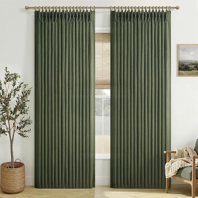 Extra Long 108 Inch Loden Pleat Curtains for Sliding Doors 2 Panels Set, Memory Trained Linen Semi Sheer 9FT Length Luxury Curtain Light Filtering Privacy Floor to Ceiling Windows Drapes Dark Green