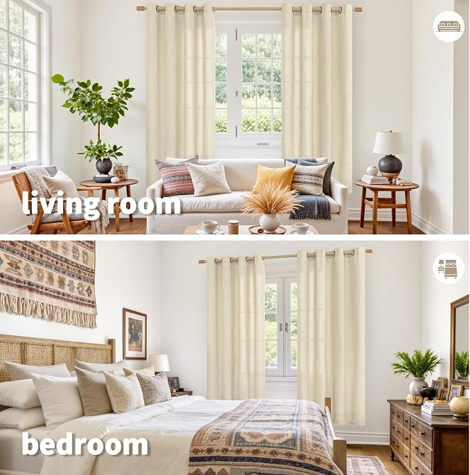 YoungsTex Linen Curtains 72 Inch Length for Living Room, Light Filtering Drapes with Grommet Semi Sheer Rustic for Bedroom Windows, Warm Beige, 2 Panels, 52 X 72 Inch