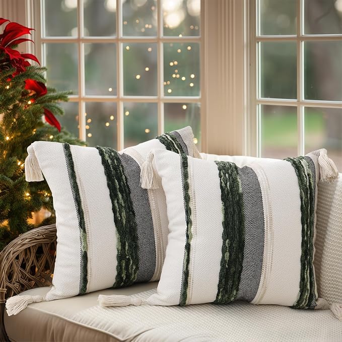 Simmore Fall Boho Decorative Green Throw Pillow Covers 18X18 Set of 2 | Tufted Accent Modern Farmhouse Neutral Pillow Covers with Tassels for Cozy Bohemian Couch Sofa Bedroom Home Decor